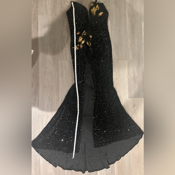 SHEIN Size M Black/Gold Sequin Strapless Mermaid Bodycon Slit Laceup Maxi Dress - Picture 10 of 10